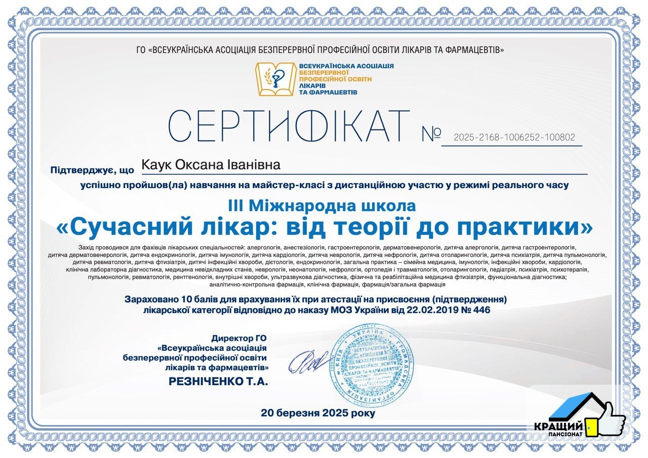 Сертифікат — III Міжнародна школа Сучасний лікар — Каук О.І.
