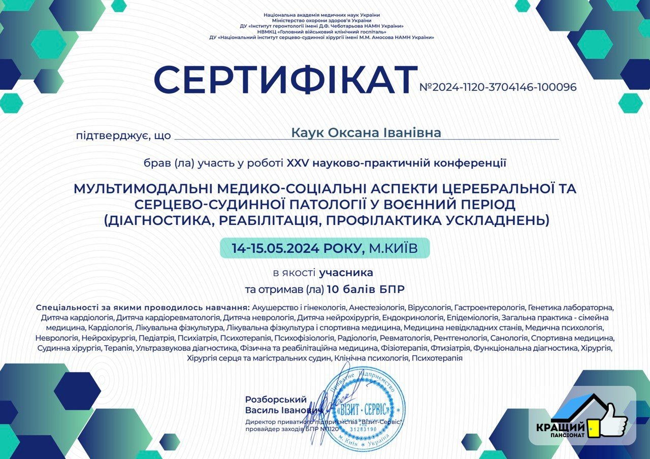 Сертифікат — мультимодальні медико-соціальні аспекти — Каук О.І.