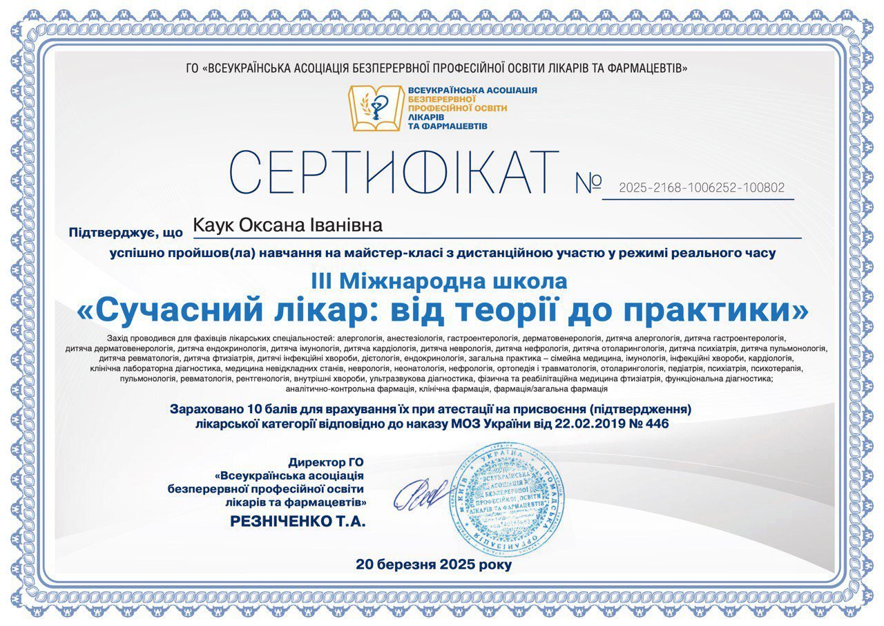 Сертифікат — III Міжнародна школа Сучасний лікар — Каук О.І.